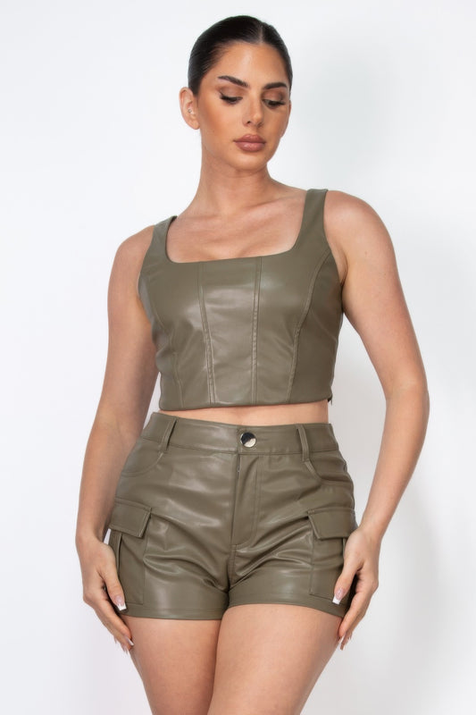 Leather Square Zippered Crop Top