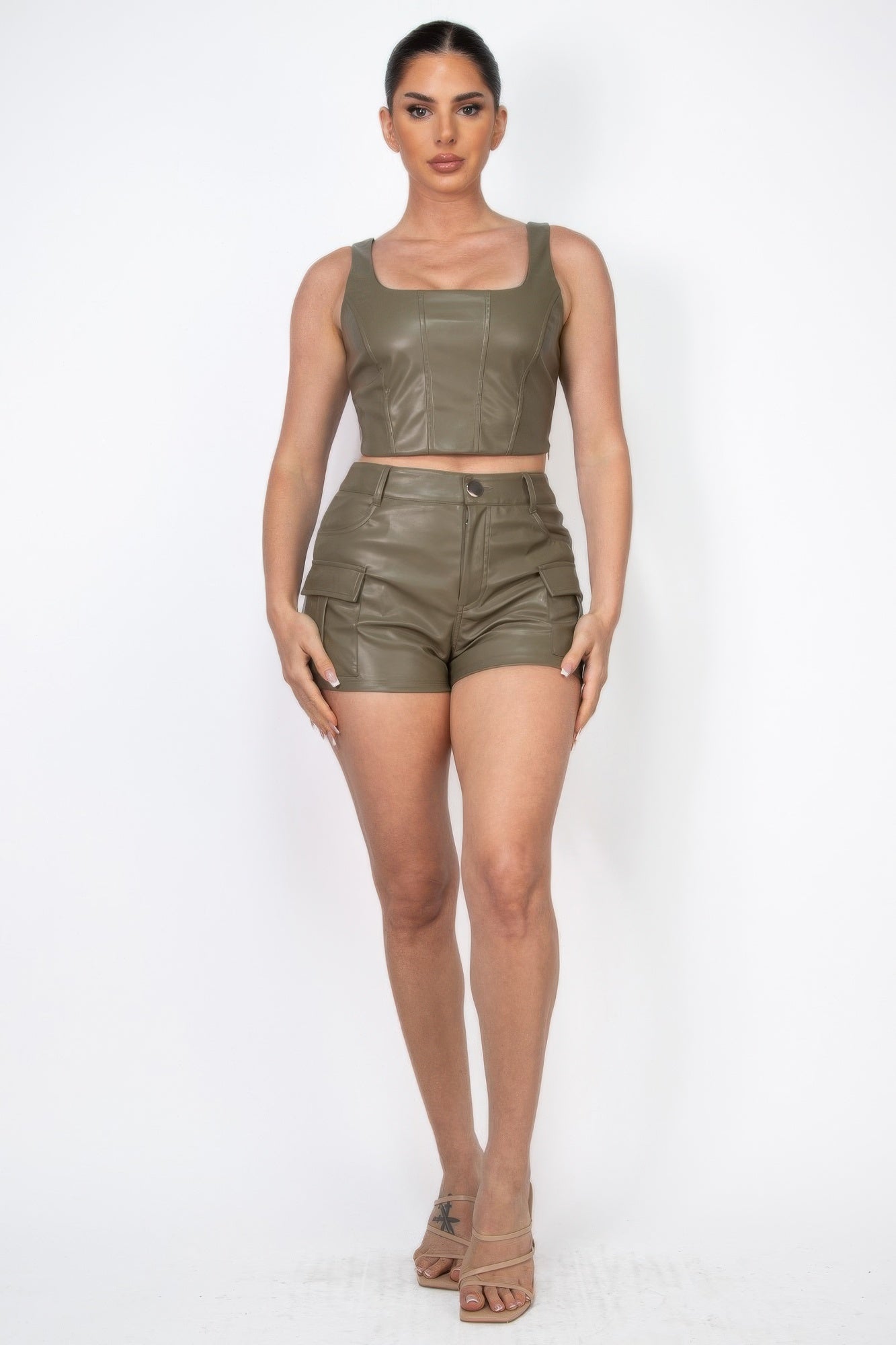 Leather Square Zippered Crop Top