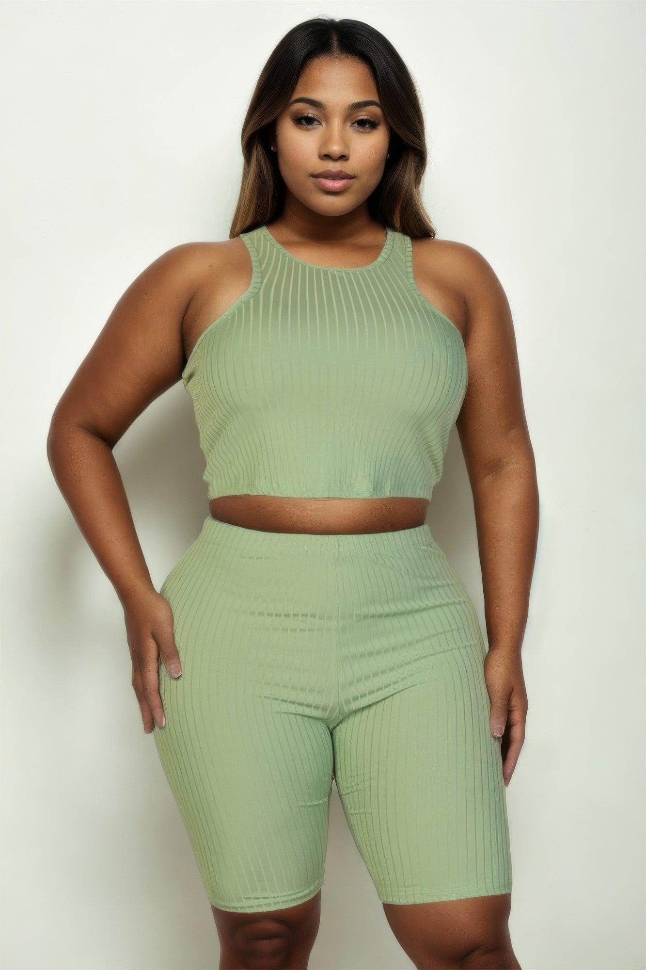 Plus Size Ribbed Cropped Tank Top And Biker Shorts Set