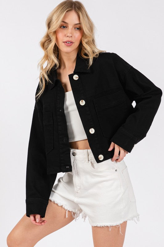 Cropped Denim Jacket with Patch Pockets