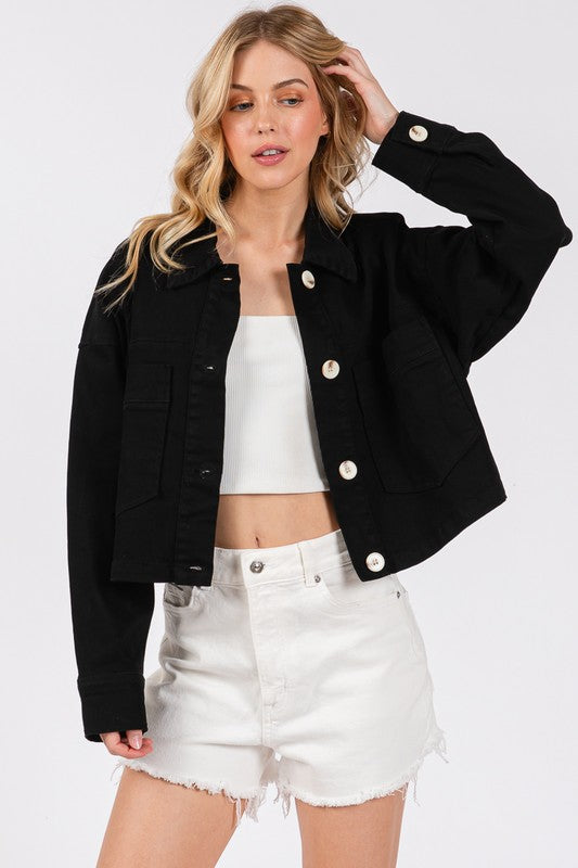 Cropped Denim Jacket with Patch Pockets